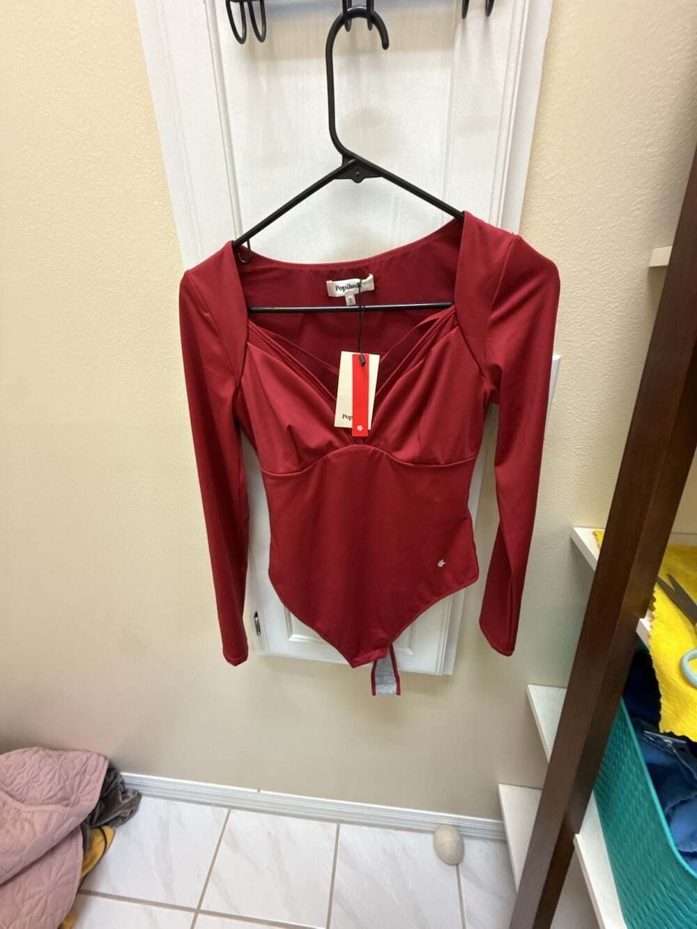 Popilush Red Long Sleeve Sculpting Bodysuit